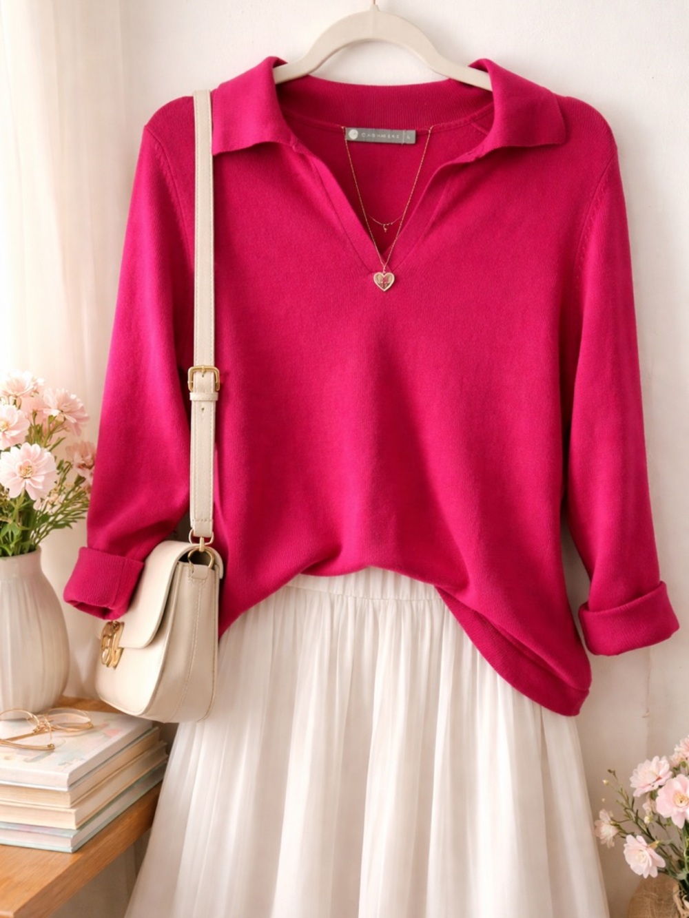 InCashmere 100% Cashmere Polo Sweater Large Raspberry Pink Preppy Collegiate